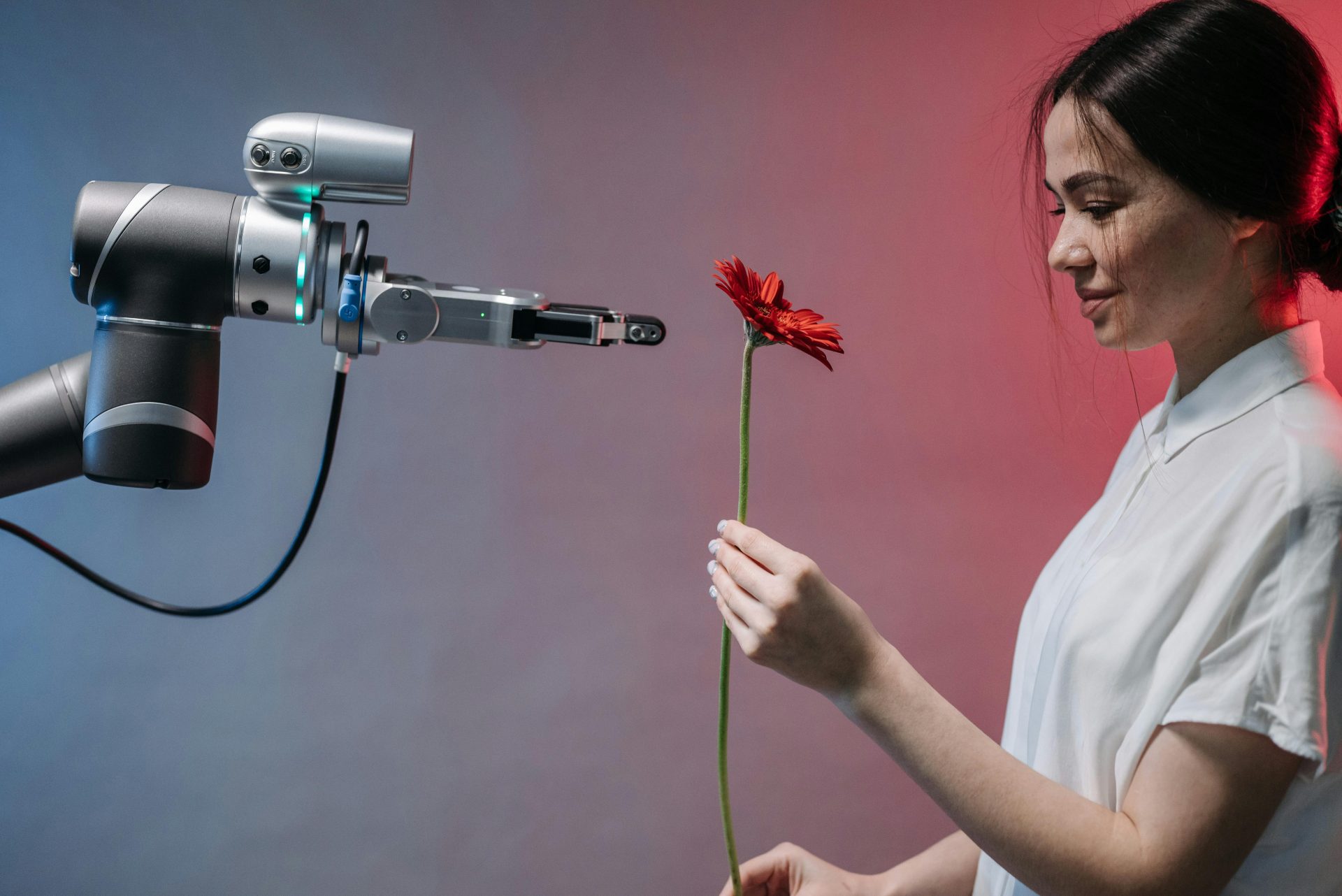 Eine Frau erhält von einem Roboterarm eine rote Blume, die die Harmonie von Technologie und Natur symbolisiert.